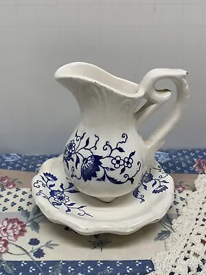 Miniature Washstand Pitcher And Bowl Collectible Bud Vase 3” Tall Blue White • £12.64