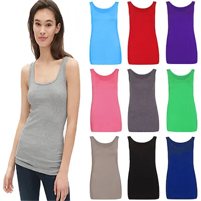 £6.99 • Buy Womens Sleeveless T-Shirt Scoop Neck Ladies Long Stretch Plain Strappy Vest Top