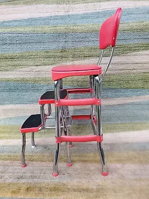 COSCO Vintage Stylaire Red Metal Fold Out Step Stool Chair Chrome Legs • $194.89