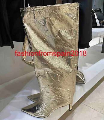 $129.88 • Buy Zara New Woman Wrinkled Metallic High-heel Boots Golden 35-42 3009/210