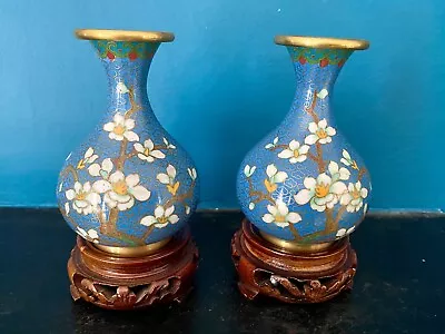 Pair Of Chinese CloisonnÉ Vases 10 Cm. Tall On Carved Wooden Bases • £6.50