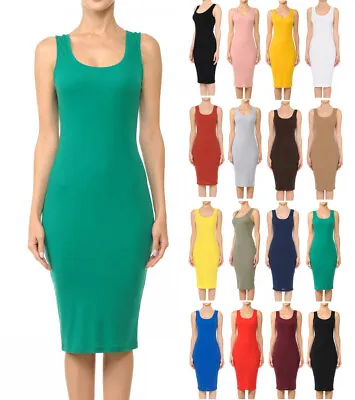 Women's Basic Sleeveless Tank Dress Soft Stretch Knit Cotton Casual Midi Pencil • $7.49