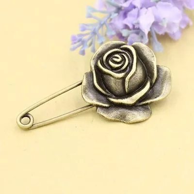 Rose Pin / Men's Antique Gold Rose Safety Pin Brooch Wedding Lapel Boutonniere • £3.95