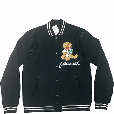 Filthie Rich Mens Black Wool Varsity Jacket SZ L Rhinestone Crystals Baby Money • $90