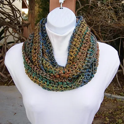 Small Short Colorful CROCHET INFINITY SCARF Blue Green Teal Rust Mustard Knit • $23