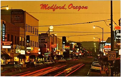 Postcard - Medford Oregon - Main Street At Twilight - Ca. 1960s Unposted (A6c) • $3.99