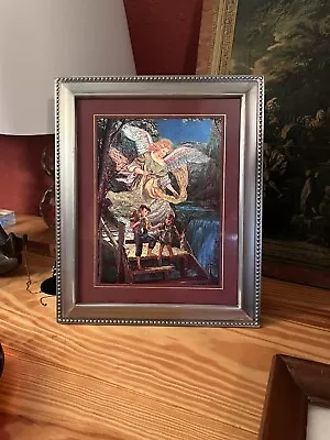 Pewter Framed Vintage Guardian Angel Foil Print Christian Faith Art Work 1980s • $24.99