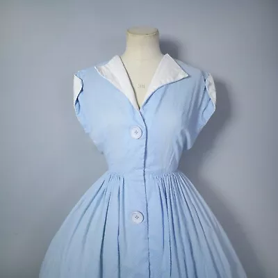 50s 60s VINTAGE BLUE POLKA DOT COLLARED NAUTICAL FULL SKIRT DRESS - XS / PETITE • £29.99