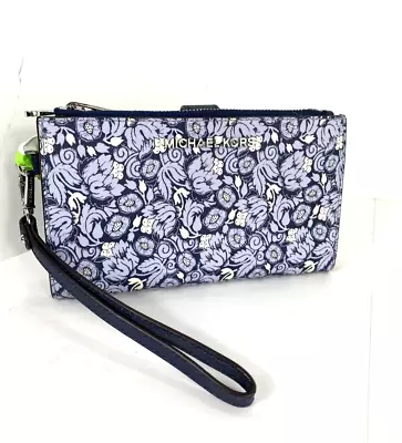 New Michael Kors Double Zip Phone Wallet Phone Jet Set Travel Blue Floral W3 • $119.99