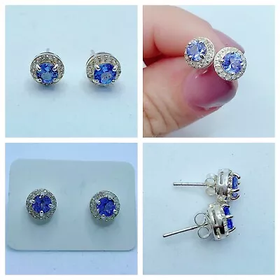 Sterling Silver Aaa Grade Tanzanite & White Topaz Stud Earrings • £130