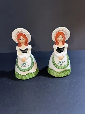 Vintage St Patrick’s Irish Girl Salt & Pepper Shakers Clovers Green White Japan • $21