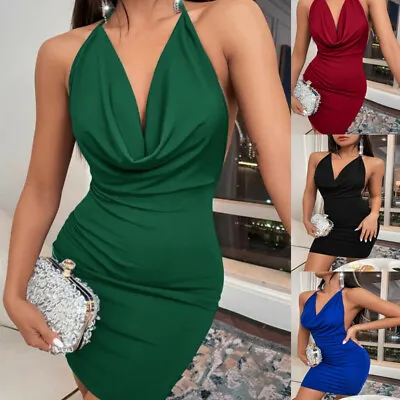 $19.94 • Buy Sexy Women Deep V-Neck Mini Dress Ladies Backless Bodycon Halterneck Dress Party