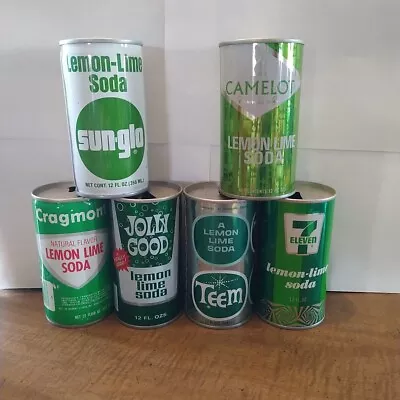 Lot 19 6 Vintage Steel Pull Top Lemon Lime Soda Pop Cans.  Sunglo Jolly Good Cra • $5