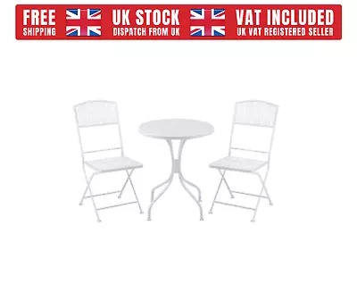 Garden Bistro Set For 2 With Folding Chairs And Round Table White • £179.99