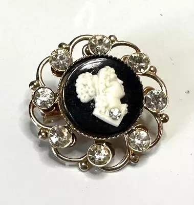 Gold Tone Clear Rhinestone Black White Cameo Vintage Brooch Lot V • $0.99