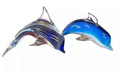 Murano Style Blue Sparkle Blown Glass Arching Dolphin Art Glass Figurine 7x5 • $25