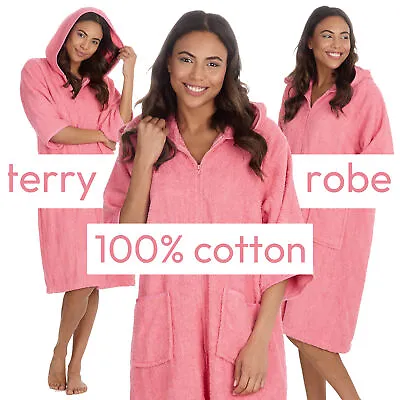 Ladies Terry Hooded Gown 100% Cotton Beach Robe Zip Poncho Towel Beachwear 10-24 • £18.99