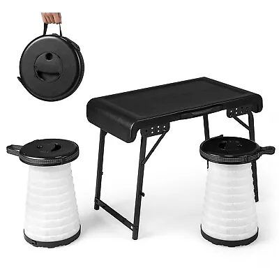 3-Piece Folding Table Stool Set With A Camping Table & 2 Retractable LED Stools • £44.95