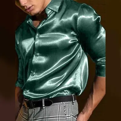 Mens Satin Silk Long Sleeve Button Down Shirts For Casual And Formal Occasions • £13.99