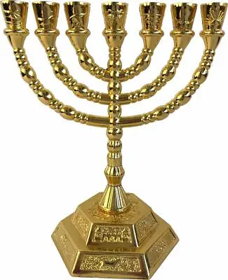 Jewish Candle Sticks Menorah - 7 Branches - 12 Tribes Of Israel (Gold 6.5 ) • $20.14