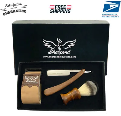  Men's Wooden Wet Cut Throat Straight Razor Shaving Set Kit In Gift Box 3 Pc • $34.94