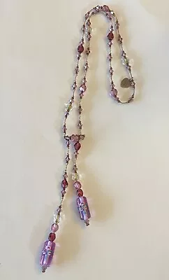 Stunning Vintage Designer Signed Brenda Peruzza Pink Glass Bead Lariat Necklace • $14.99