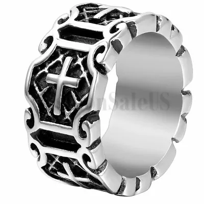 Mens Vintage Charm Punk Rock Cross Patterned Stainless Steel Ring Band Size 7-12 • $8.99