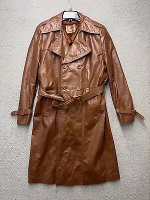 Sundance Leather Trench Coat Jacket Mens 44 Brown Long Vintage Lined FLAWS • $39.95