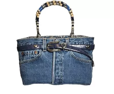 Original Levi Bootie Bag Blue Jean Denim Purse Beaded Handle Silver Heart  Belt  • £23.30
