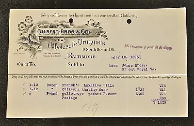 1896 Gilbert Bros & Co Wholesale Druggists Illustrated Billhead Baltimore MD • $16