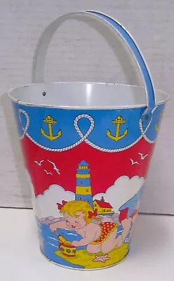 Vtg. Large Ohio Art Children Playing Beach Boat Lighthouse Sand Pail Bucket MINT • $29.99