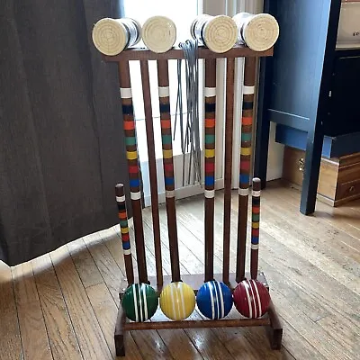 Vintage Croquet Set W/wooden Stand - 4 Player  Lawn Yard Game 9 Wickets/hoops • $22.50