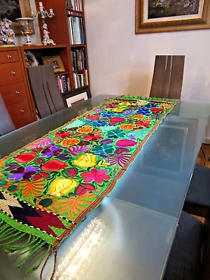 MEXICAN MAYA HAND MADE TABLE RUNNER TOPPER SILK EMBROIDERY FLOWERS From CHIAPAS  • $79.50