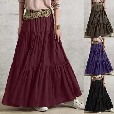 Women High Waist Pleated Maxi Skirt Lady Casual Baggy Vintage Ruffle Long Dress • £14.99