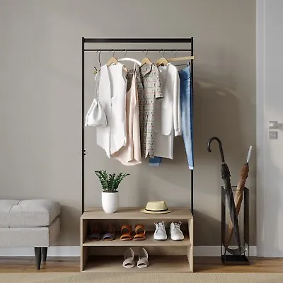 Wooden Shoe Rack Shelf Storage & Metal Clothes Coat Garment Hanging Display Rail • £34.99