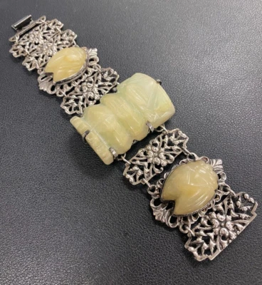 $150 • Buy Vintage Sterling Silver Bracelet Carved Mexican Jade/Onyx