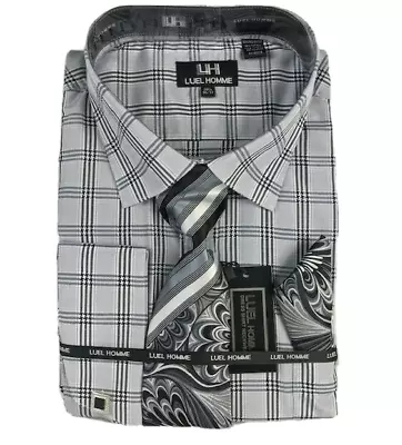 Luel Homme Men's Plaid Dress Shirt Gray Black Silver Tie Hanky Combo Size 20.5 • $45.99