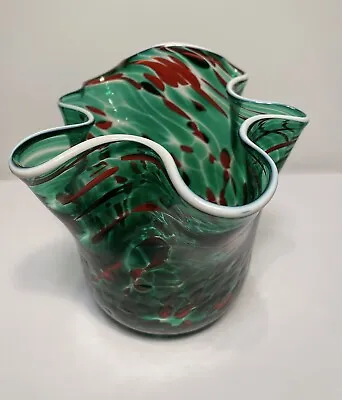 Arnold Larson Green Swirl Art Glass Vase Red Green Signed 4.25”H 4”W • $33