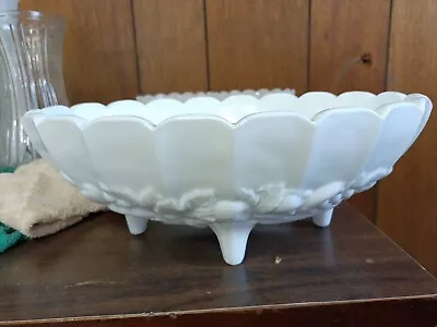 Vintage Oval 4 Footed Milk Glass Fruit Bowl Paneled Scalloped Edge Fruit Design  • $14.77