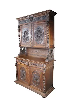 Antique 19th C French Renaissance Revival Carved Oak Hunt Cabinet Hutch Cupboard • $5000