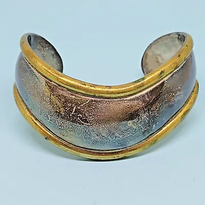 Vintage Estate Laton Taxco Sterling Silver Brass Trim Wide Wave Cuff Bracelet • $45