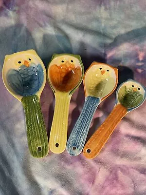 Pier 1 Imports Ceramic Colorful Owl Set Of 4 Measuring Spoons Nesting Whimsical • $15.19