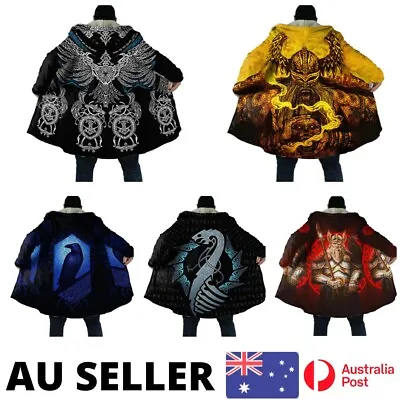 Sherpa Lined Viking Huginn Raven Vegvisir Tattoo Jacket Hooded Cloak - AU Stock • $125.97