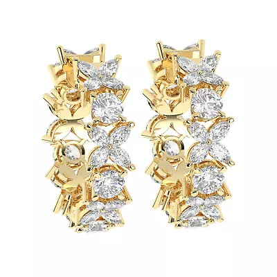 3 Ct 100% Natural Round & Marquise Cut Diamonds Hoop Earrings In 18K Yellow Gold • £5532.80