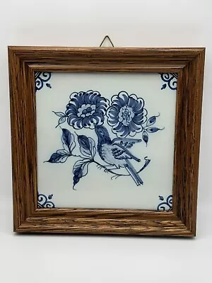 MAKKUM Delft Holland Blue And White Bird TILE Framed Floral Bird Motif Vintage • $20