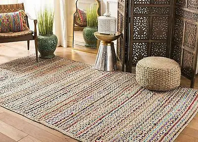 Rug Jute & Cotton Runner Rectangle Handmade Natural Rustic Look Braided Carpet • £209.03