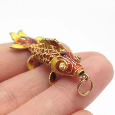 925 Sterling Silver Gold Plated Antique Enamel Chinese Koi Fish Pendant • $49.95