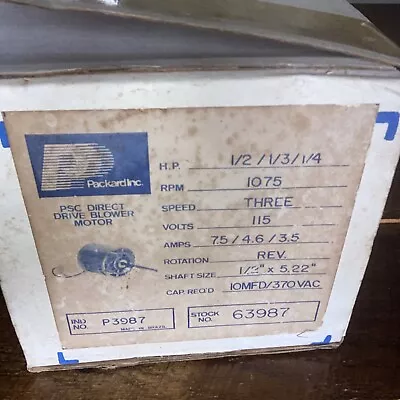 Packard 63987 48 Frame Direct Drive Blower Motor 1/2 Hp 115 Volts 1075 Rpm • $125