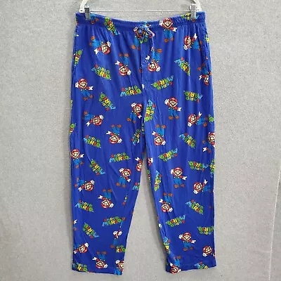 Super Mario Men Sleepwear XL Blue Pajama Pants Logo All Over Print Drawstring • $9.94