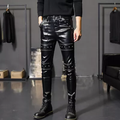 Motorcycle Mens Biker Faux Leather Slim Pants Skinny Punk Rock Casual Trousers • $42.31